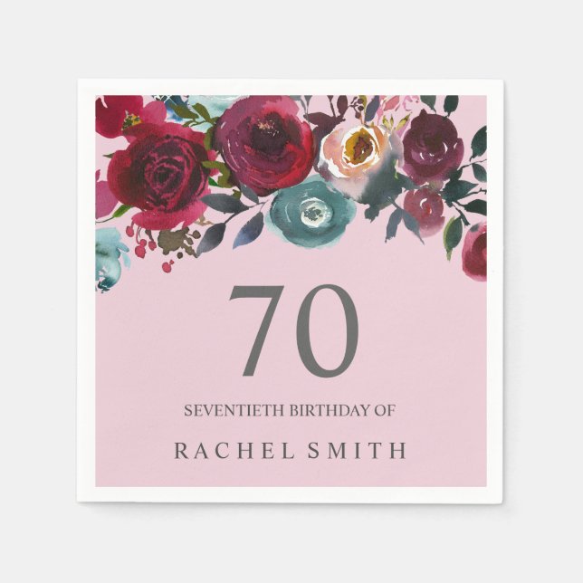 Serviettes Jetables Belle Pink Bourgogne Floral 70e anniversaire fête (Devant)