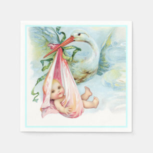 Serviettes Jetables Belle Vintage cigogne bébé fille douche