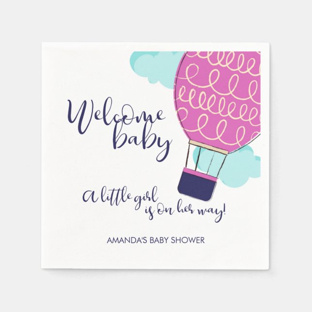 Serviettes Jetables Bienvenue Baby Hot Air Balloon Girl Baby shower (Devant)