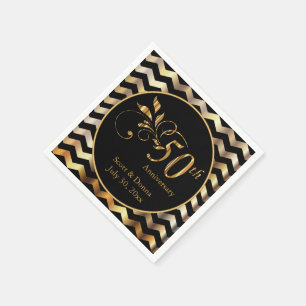 Serviettes Jetables Black & Gold Chevron 50e anniversaire de Mariage