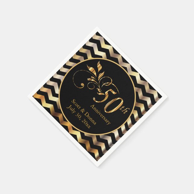 Serviettes Jetables Black & Gold Chevron 50e anniversaire de Mariage (Coin)