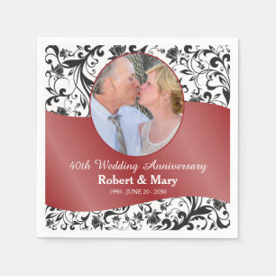 Serviettes Jetables Black Swirl & Ruby 40e anniversaire de Mariage Pho