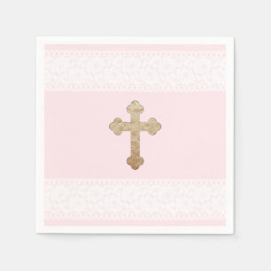 Serviettes Jetables Blanc dentelle or croix rose papier religieux