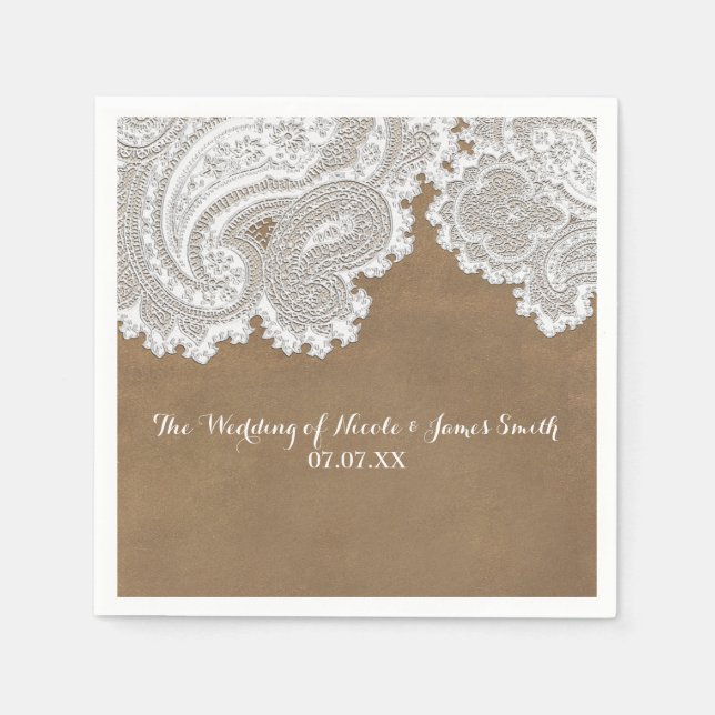 Serviettes Jetables Blanche dentelle et Brown rustique chic mariage él (Devant)