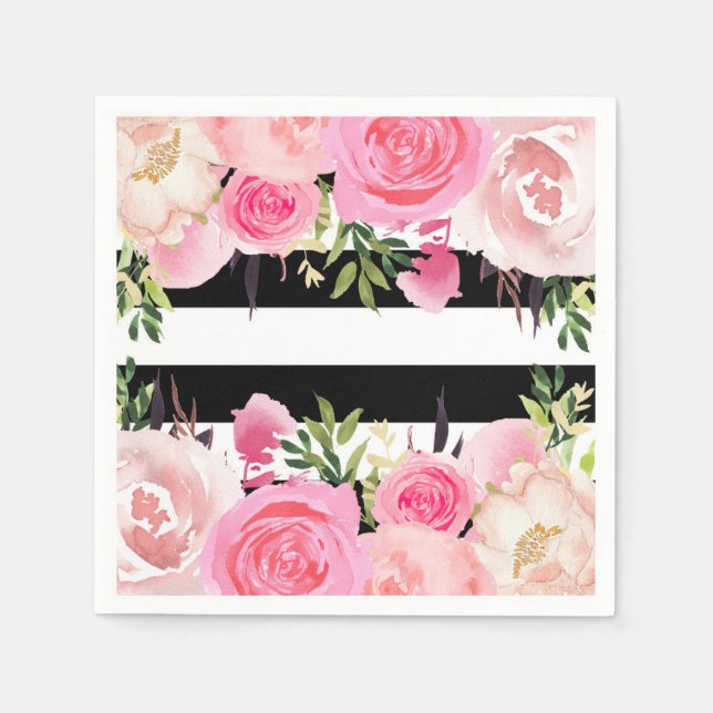 Serviettes Jetables Blancs noirs Fête des mariées florale rose (Devant)