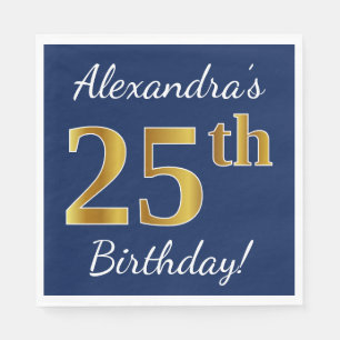 Serviettes Jetables Bleu, anniversaire d'or de Faux 25ème + Nom fait