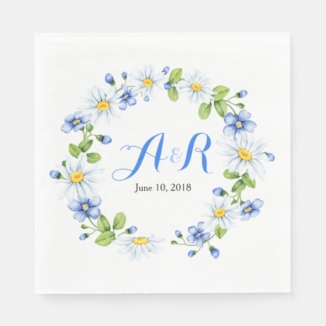 Serviettes Jetables Bleu blanc Monogramme marguerite Mariage floral (Devant)