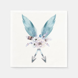 Serviettes Jetables Bleu Boho Flèches Bohémiennes Plumes Fête Florale