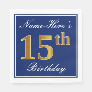 Serviettes Jetables Bleu Élégant, 15e anniversaire de Faux Gold; Nom p