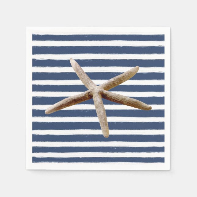Serviettes Jetables Bleu marine et blanc Grandes étoiles de mer (Devant)