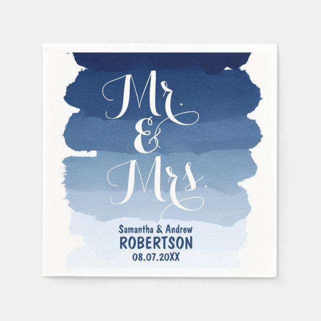 Serviettes Jetables Bleu marine rayures aquarelle ombre mariage (Devant)