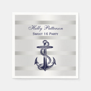 Serviettes Jetables Bleu Nautique Marine Ancre Argent Wt BG V Sweet 16