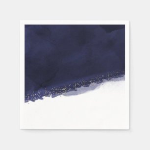 Serviettes Jetables Bleu Nuit Aquarelle & Or Moderne Chic Élégant