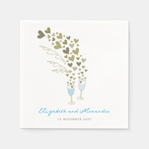 Serviettes Jetables Blue Champagne Cheers Gold Hearts Mariage