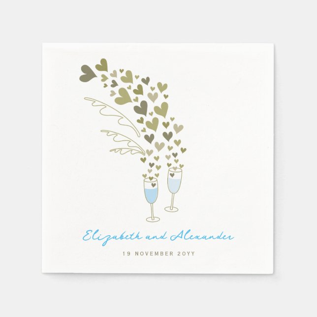 Serviettes Jetables Blue Champagne Cheers Gold Hearts Mariage (Devant)