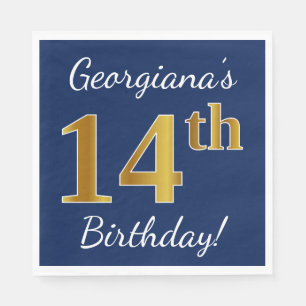 Serviettes Jetables Blue, Faux Gold 14e anniversaire + Nom personnalis