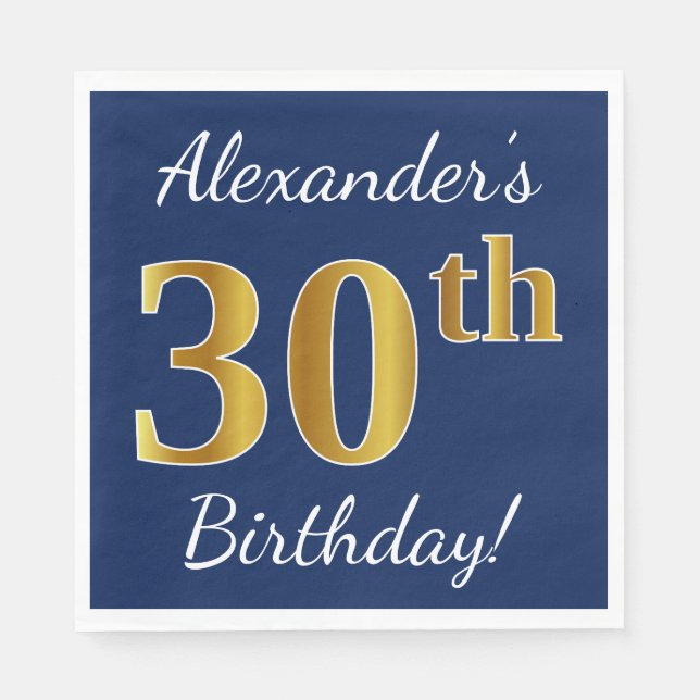 Serviettes Jetables Blue, Faux Gold 30e anniversaire + Nom personnalis (Devant)