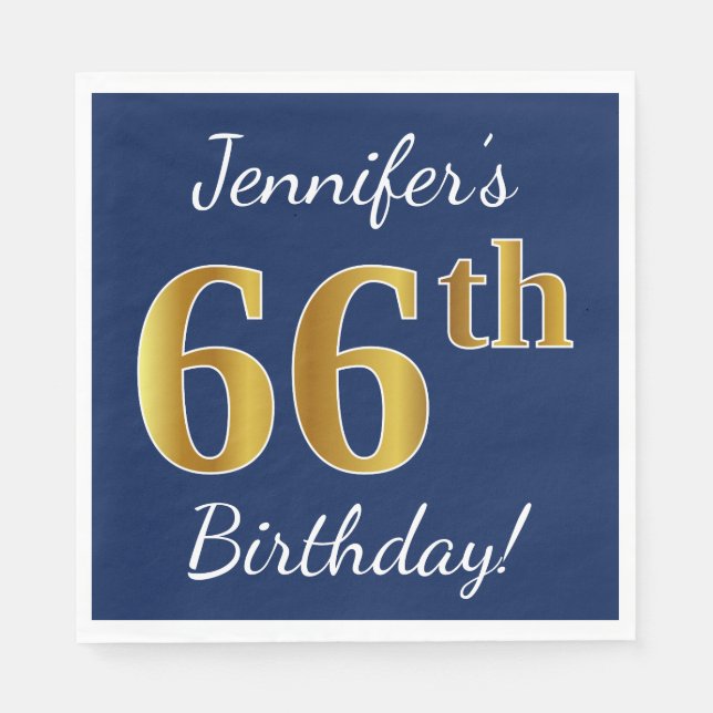 Serviettes Jetables Blue, Faux Gold 66e anniversaire + Nom personnalis (Devant)