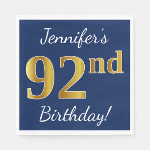 Serviettes Jetables Blue, Faux Gold 92e anniversaire + Nom personnalis