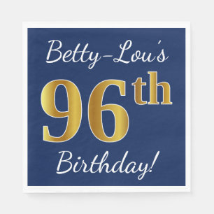 Serviettes Jetables Blue, Faux Gold 96e anniversaire + Nom personnalis
