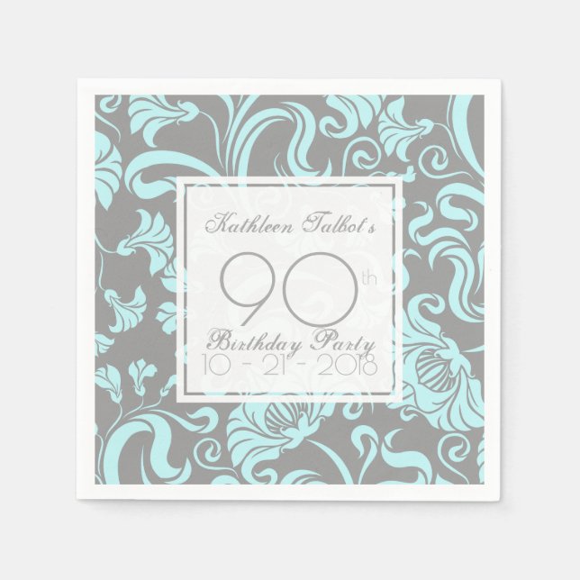 Serviettes Jetables Blue Grey Floral 90e Anniversaire Papier de fête N (Devant)
