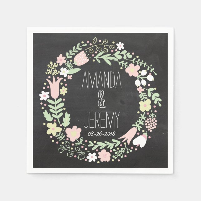 Serviettes Jetables Boho Flower Wreath Russe Chalkboard Mariage (Devant)