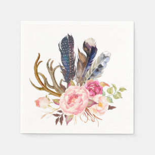 Serviettes Jetables Boho Tribal Chic Feathers et Rose Napkin