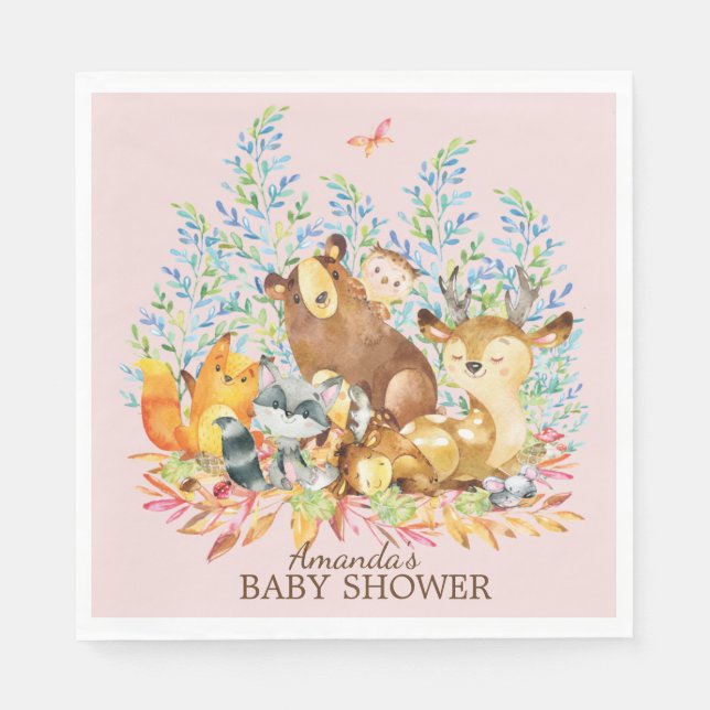 Serviettes Jetables Bois Animaux Filles Papier Baby shower serviettes (Devant)