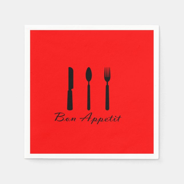 Serviettes Jetables Bon Appetit Black Silverware sur papier rouge Napk (Devant)