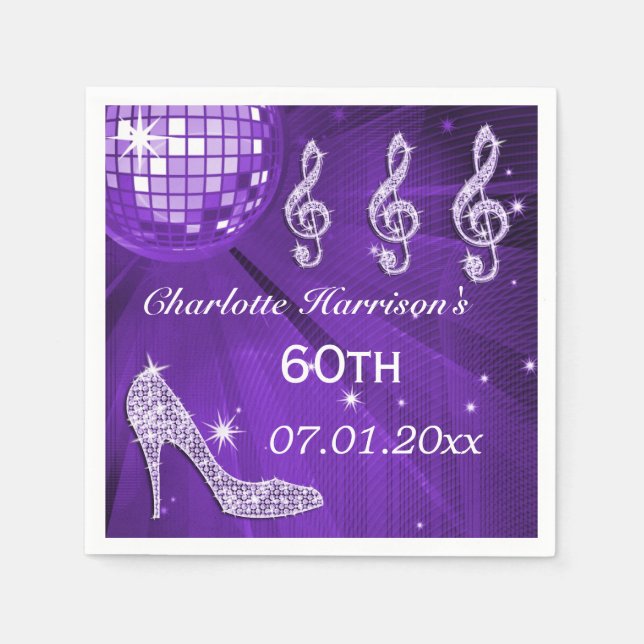 Serviettes Jetables Boule Disco Violet et talons d'étincelle 60e (Devant)