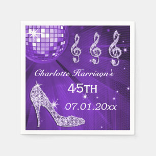 Serviettes Jetables Boule disco violette et talons à paillettes 45e