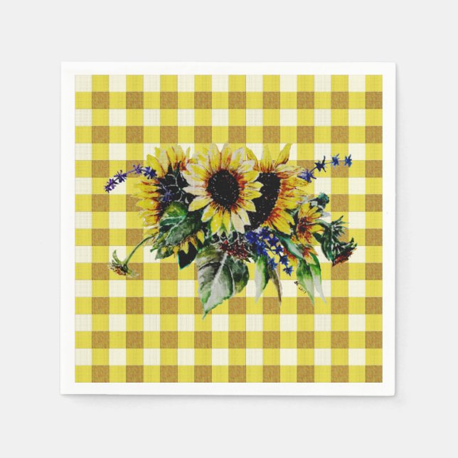 Serviettes Jetables Bouquet de tournesol sur En vichy jaune (Devant)