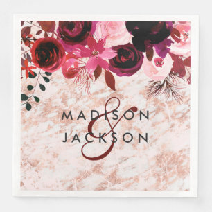 Serviettes Jetables Bourgogne Floral Rose or Marbre Mariage Monogramme