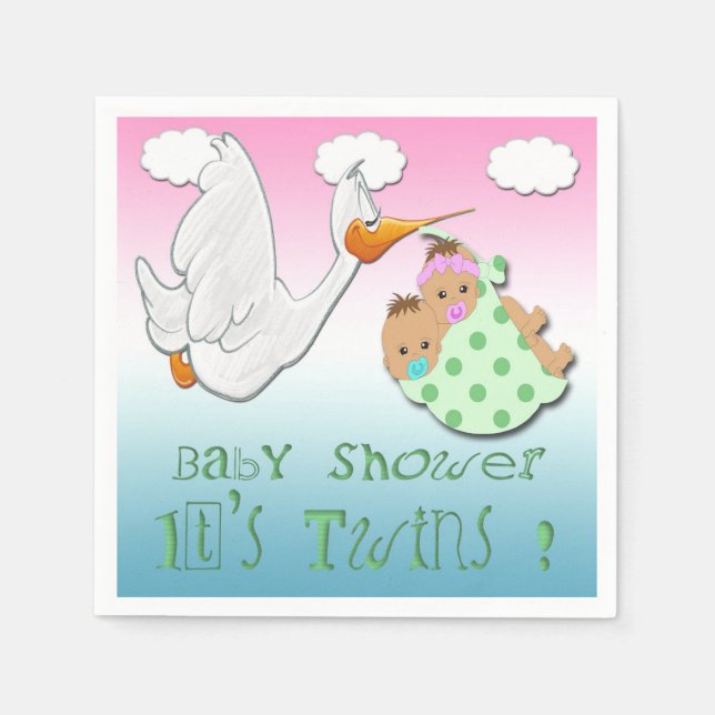 Serviettes Jetables Boy & Girl Twins 2 - Papier Baby shower de cigogne (Devant)