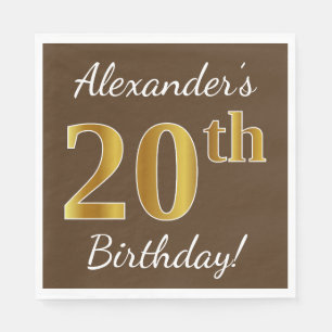 Serviettes Jetables Brown, Faux Gold 20e anniversaire + Nom personnali