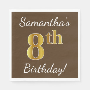 Serviettes Jetables Brown, Faux Gold 8ème anniversaire + Nom personnal