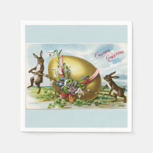 Serviettes Jetables Bunnies vintages et Oeufs de Pâques dorés Bleu