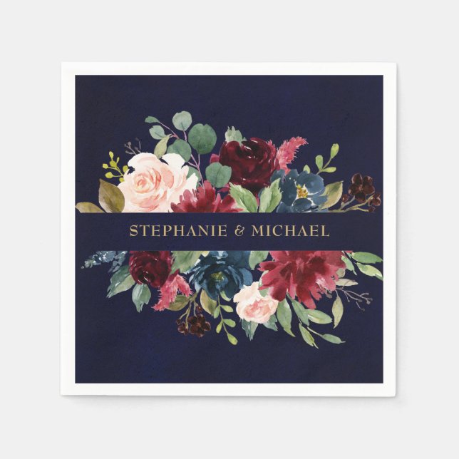 Serviettes Jetables Burgundy Red Navy Floral Russe Boho Papier Napkin (Devant)