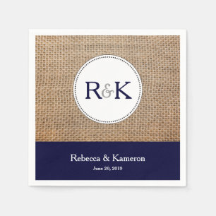 Serviettes Jetables Burlap & Marine Blue Monogramme Mariage