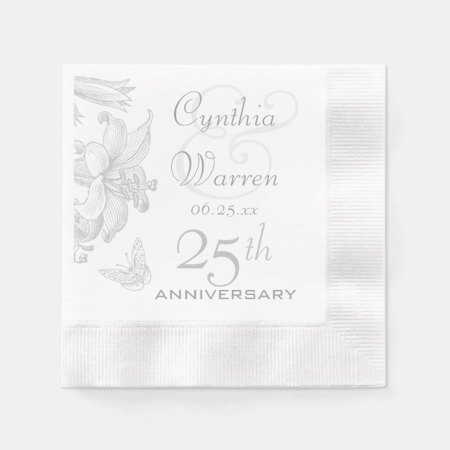 Serviettes Jetables Butterfly Lilies 25e anniversaire Mariage d'argent (Devant)