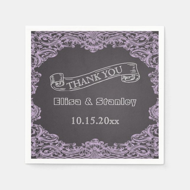 Serviettes Jetables Cadre lavande et Merci mariage de tableau noir (Devant)