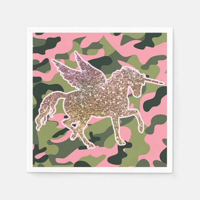 Serviettes Jetables Camouflage rose vert & Parties scintillant or Unic (Devant)