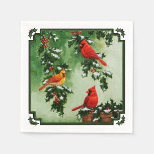 Serviettes Jetables Cardinaux rouges du Nord et houx