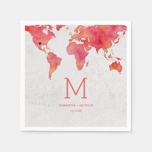 Serviettes Jetables Carte du monde aquarelle Destination Mariage Monog