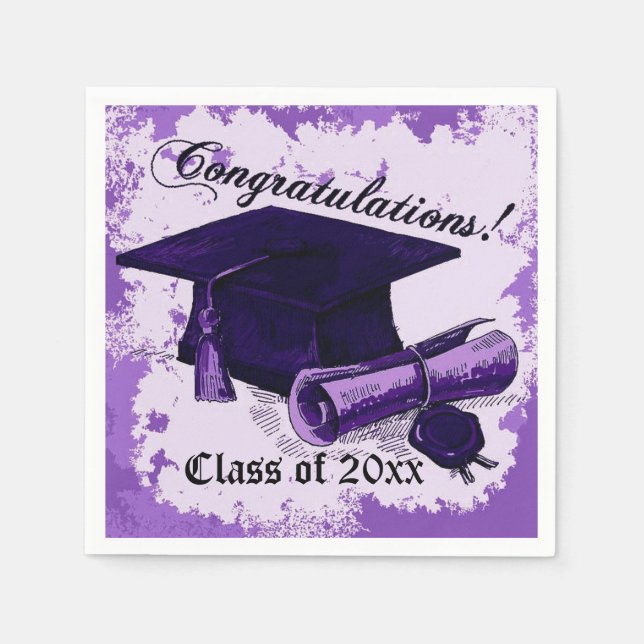 Serviettes Jetables Casquette de graduation violette et serviettes de  (Devant)