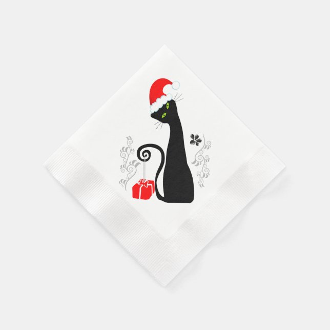 Serviettes Jetables Chat de Noël noir stylisé à Santa Hat (Coin)