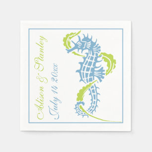 Serviettes Jetables Cheval de mer et algues bleu, mariage vert citron