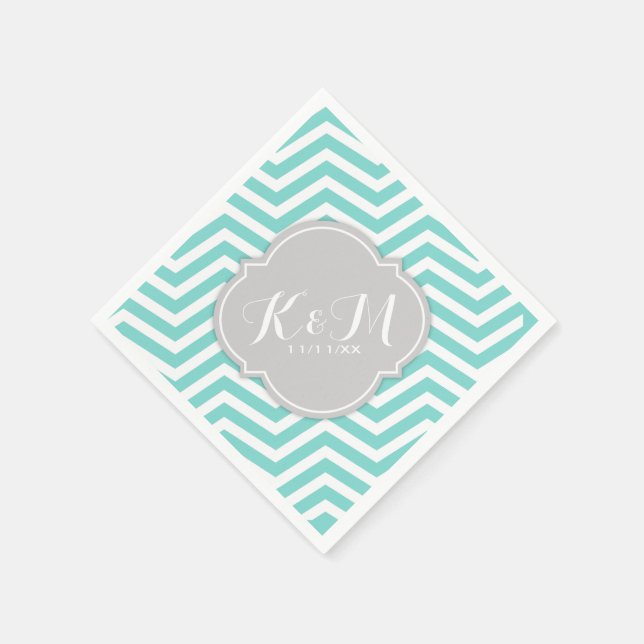 Serviettes Jetables Chevron bleu turquoise et blanc avec Monogramme (Coin)