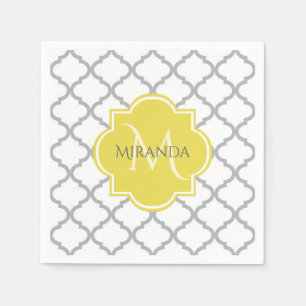 Serviettes Jetables Chic Blanc Gris Quatrefoil Jaune Nom Monogramme