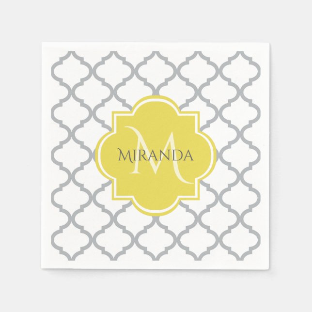Serviettes Jetables Chic Blanc Gris Quatrefoil Jaune Nom Monogramme (Devant)